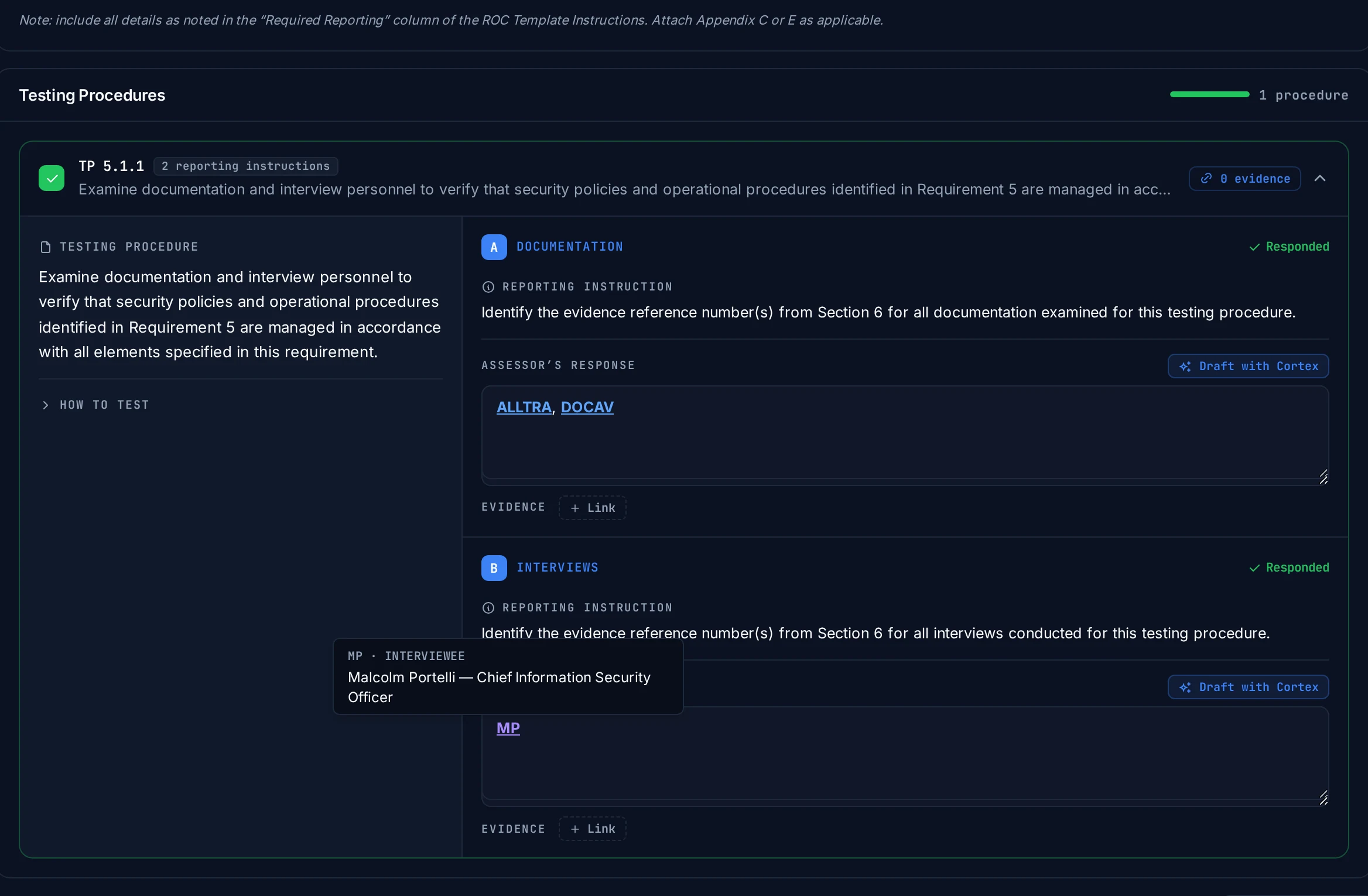 A PCI DSS testing procedure in Kliper with cited evidence tags and an interviewee reference, the who-is-who tooltip resolving the initials to a named person