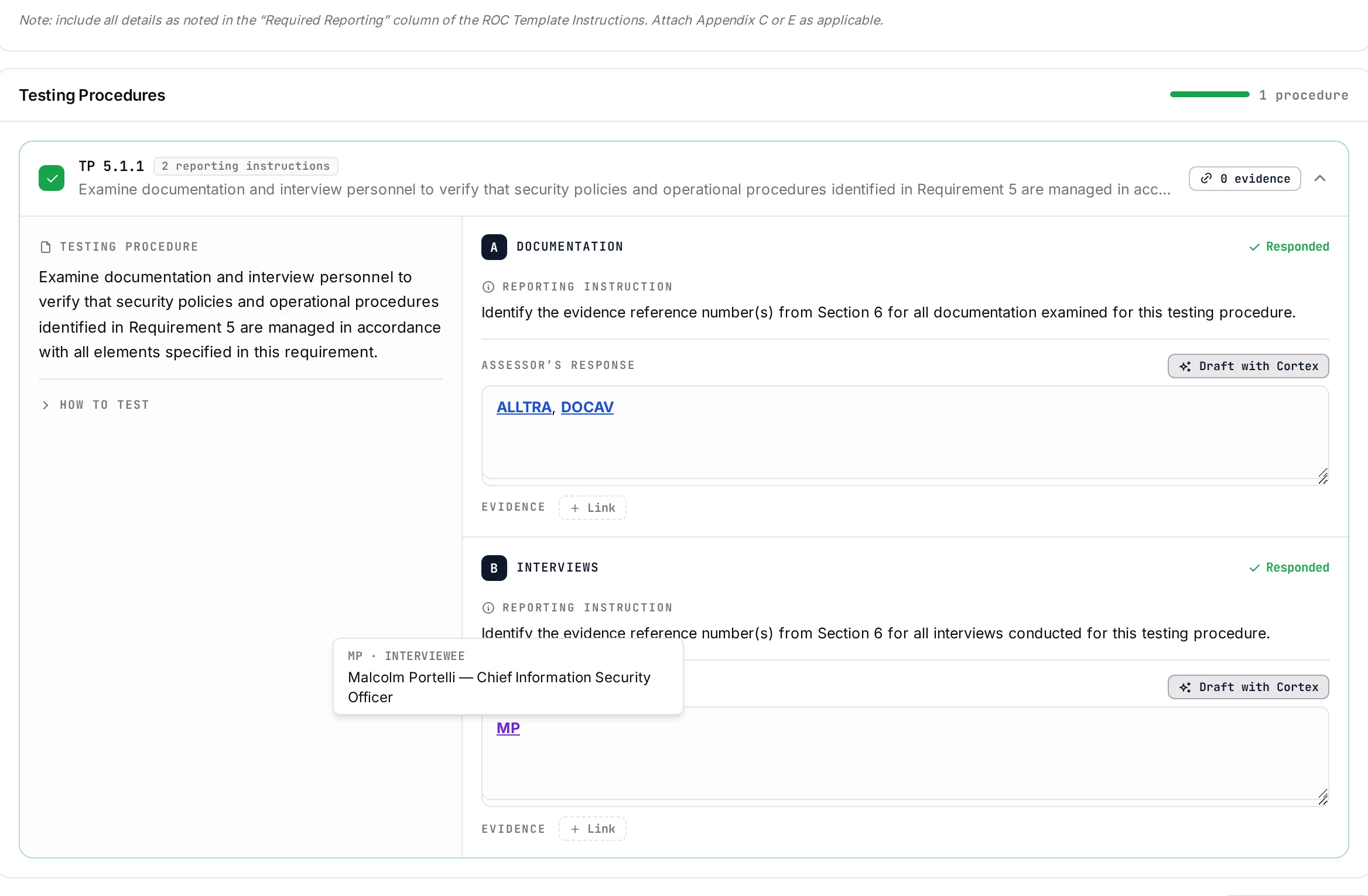 A PCI DSS testing procedure in Kliper with cited evidence tags and an interviewee reference, the who-is-who tooltip resolving the initials to a named person