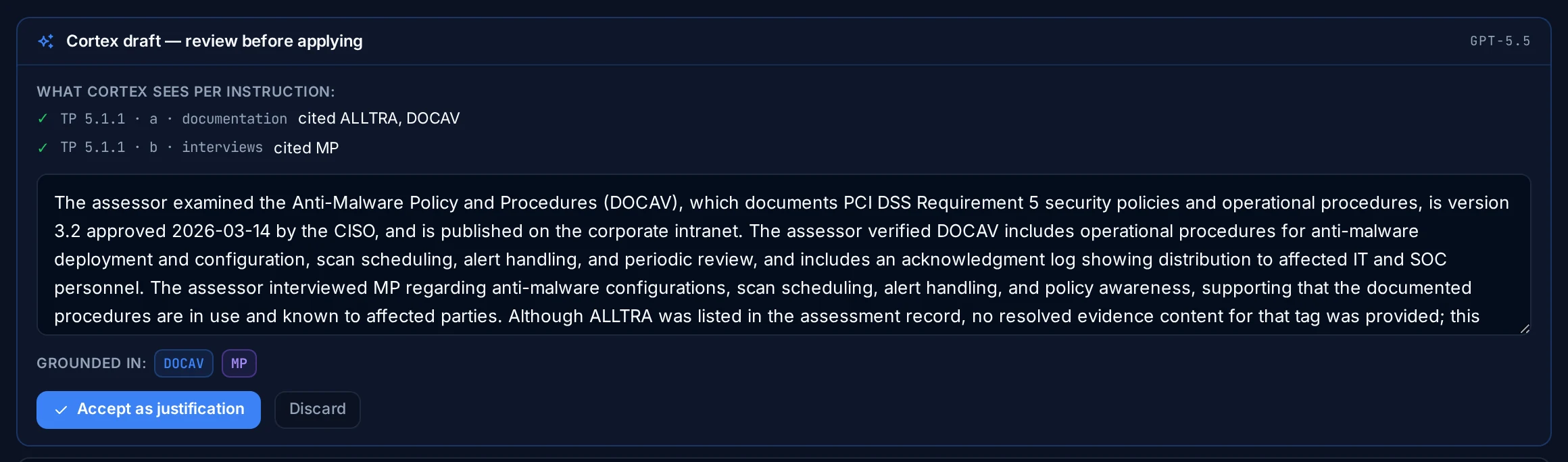 Cortex drafting a PCI DSS finding justification grounded in cited evidence inside the Kliper ROC editor