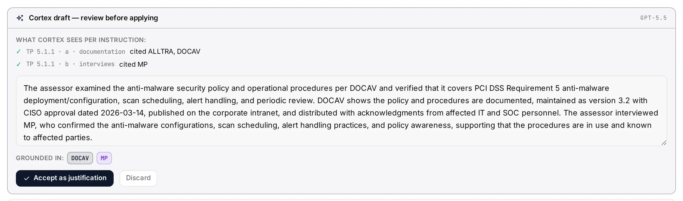 Cortex drafting a PCI DSS finding justification grounded in cited evidence inside the Kliper ROC editor
