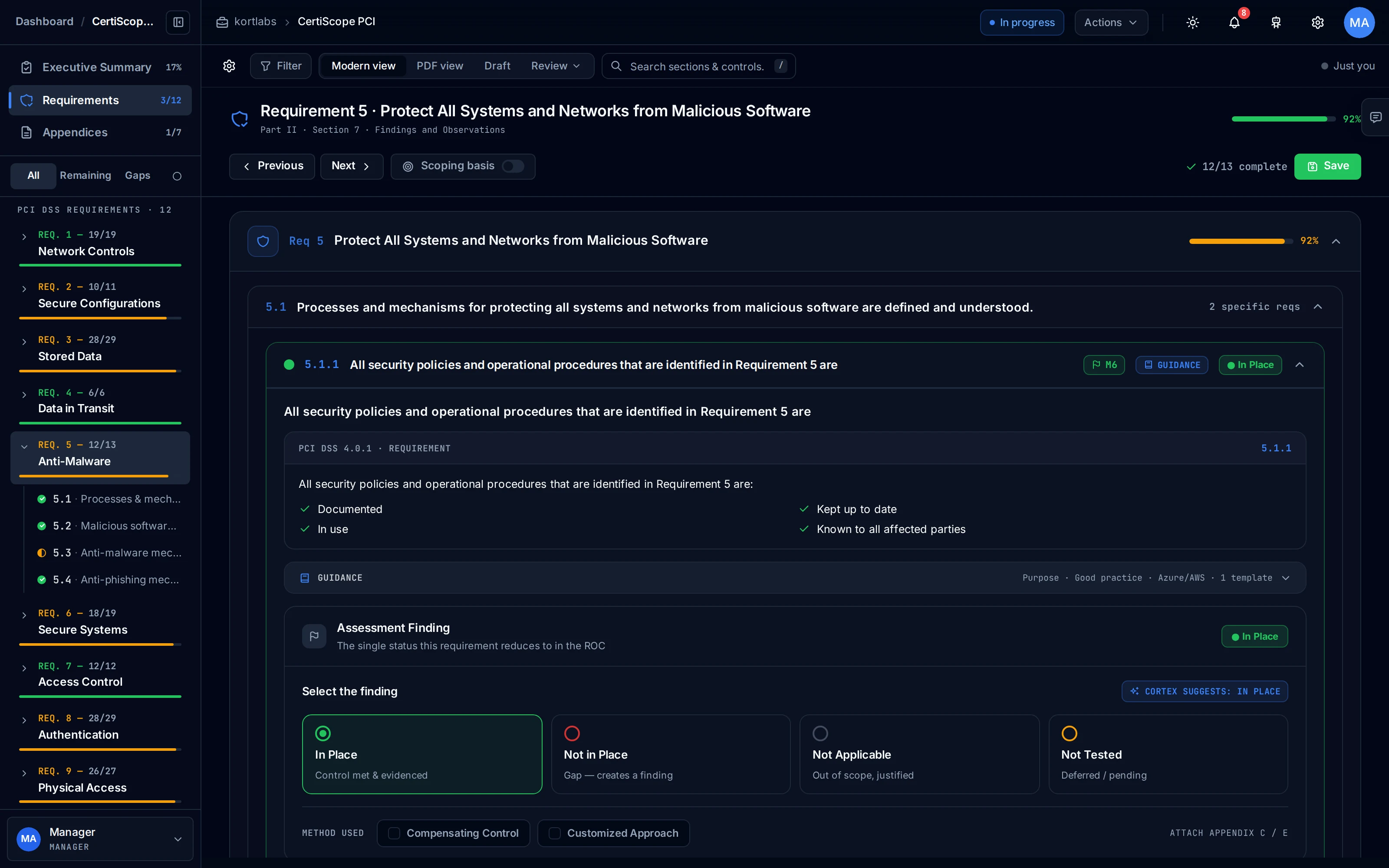 The Kliper ROC editor showing a PCI DSS requirement with its testing procedures, evidence citations and Cortex drafting