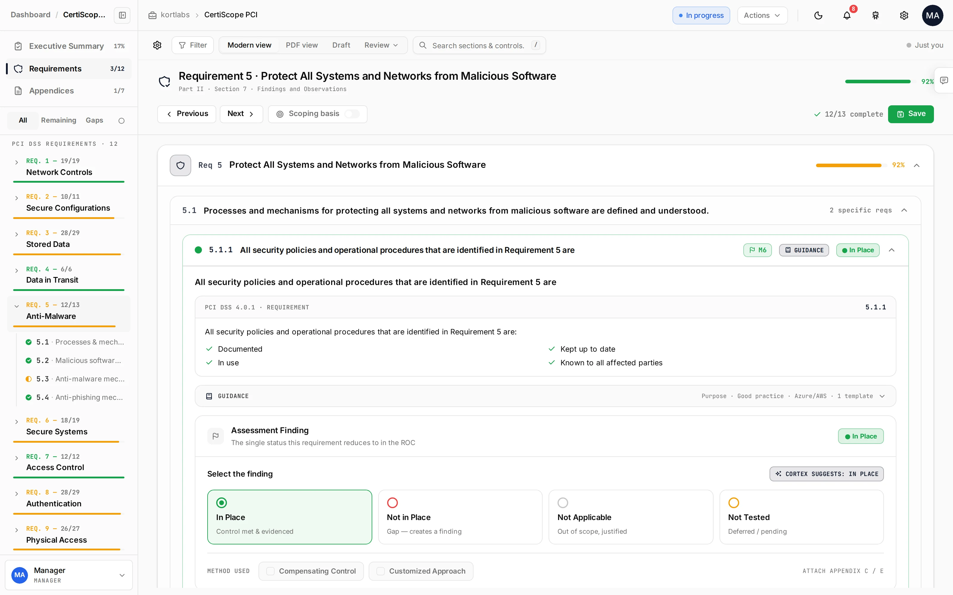 The Kliper ROC editor showing a PCI DSS requirement with its testing procedures, evidence citations and Cortex drafting