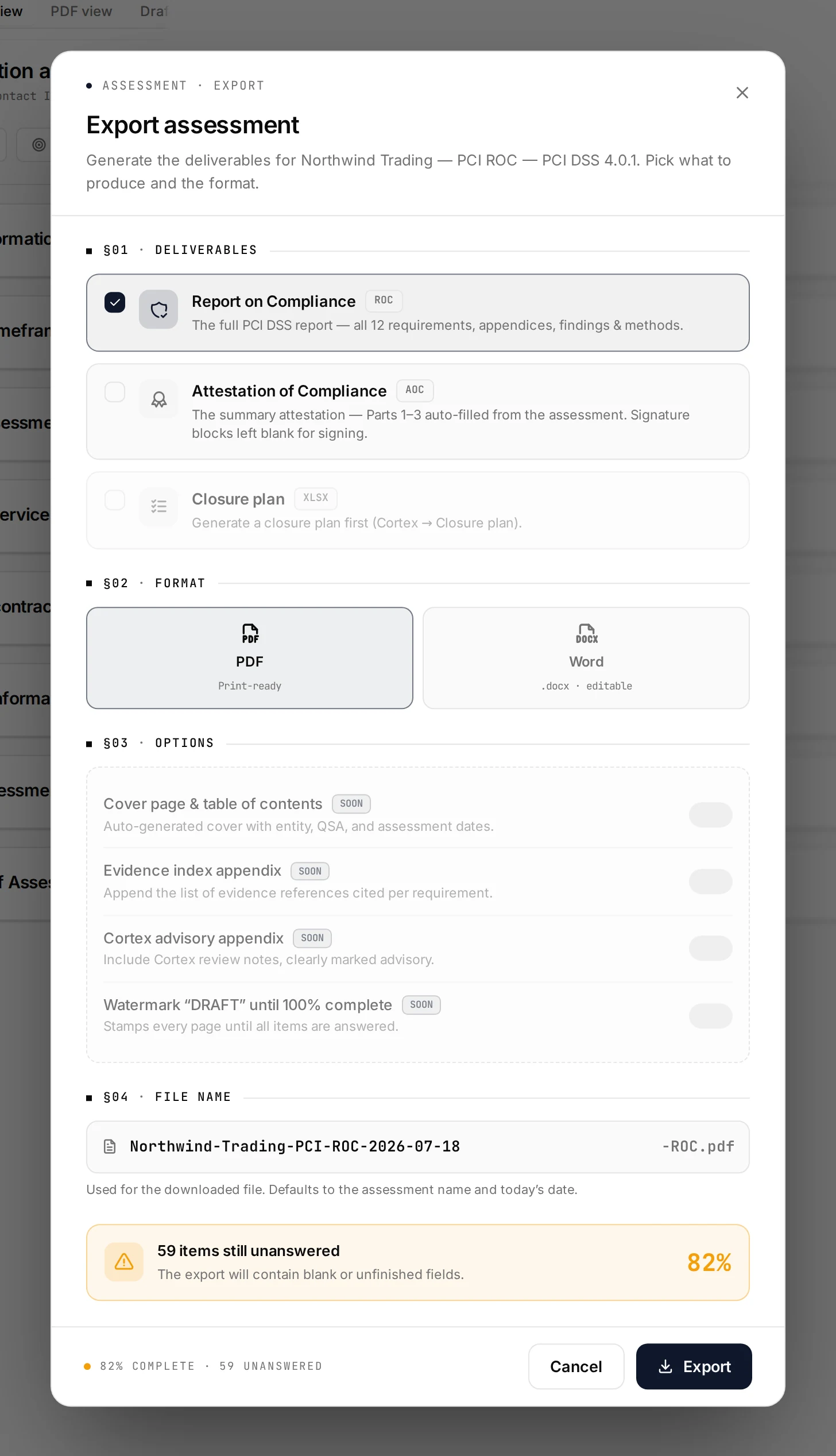 The Kliper export dialog generating a print-ready PDF or editable Word ROC with the AoC from the same assessment data