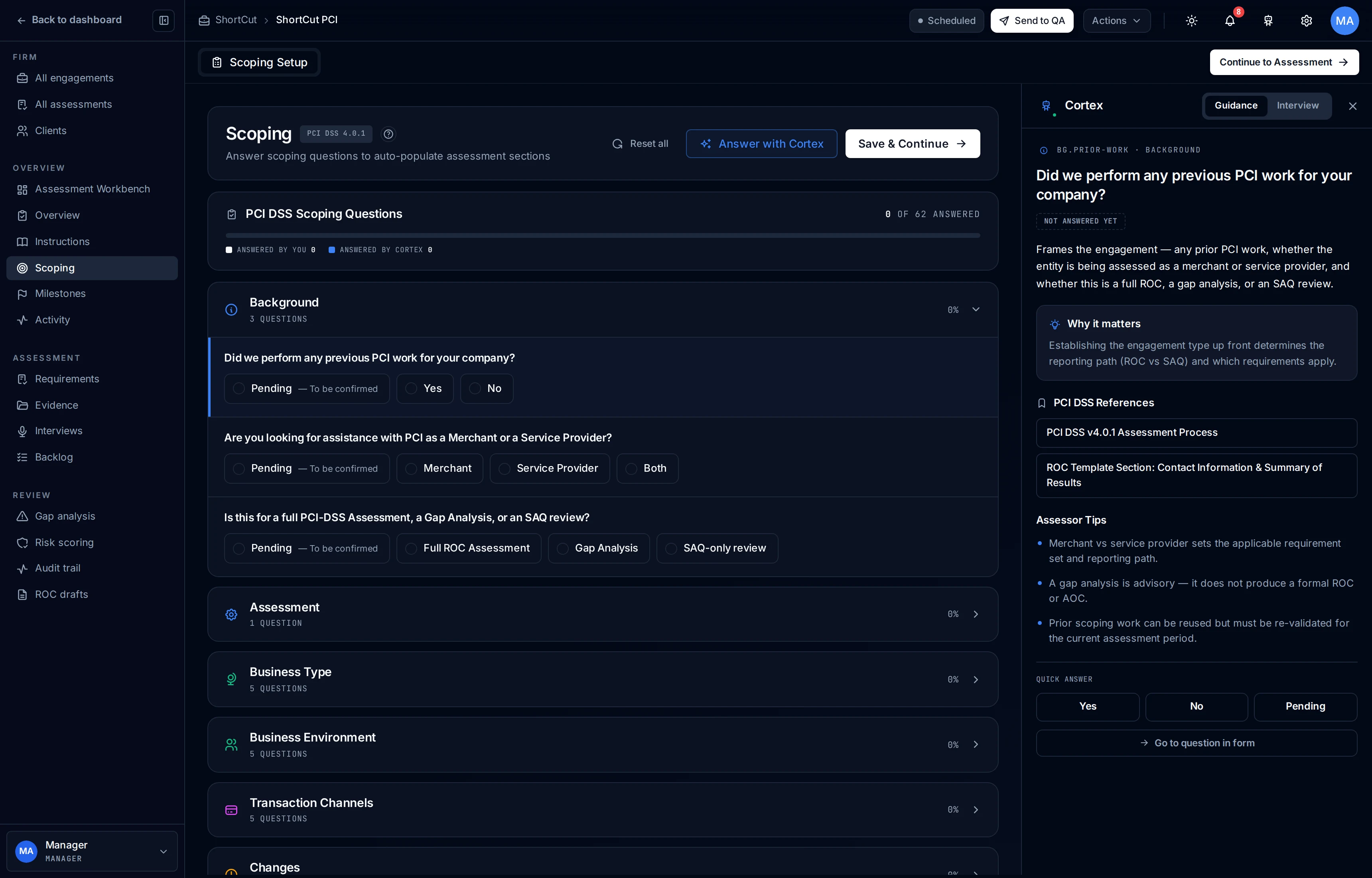 The Kliper scoping setup with PCI DSS questions on the left and the Cortex guidance rail showing why-it-matters, references and assessor tips on the right