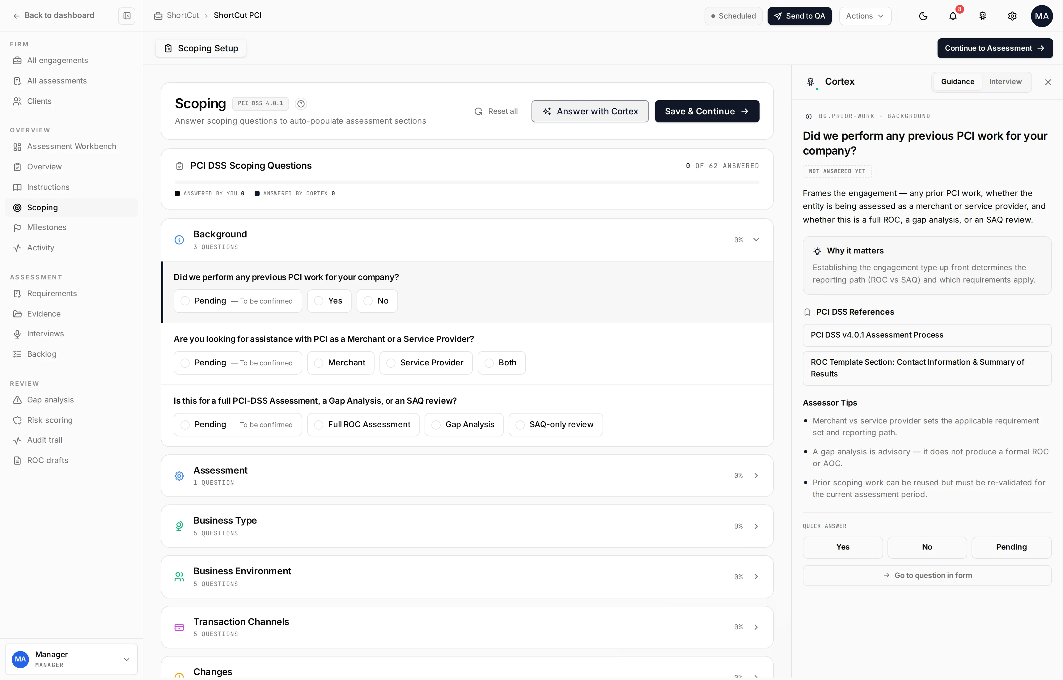 The Kliper scoping setup with PCI DSS questions on the left and the Cortex guidance rail showing why-it-matters, references and assessor tips on the right